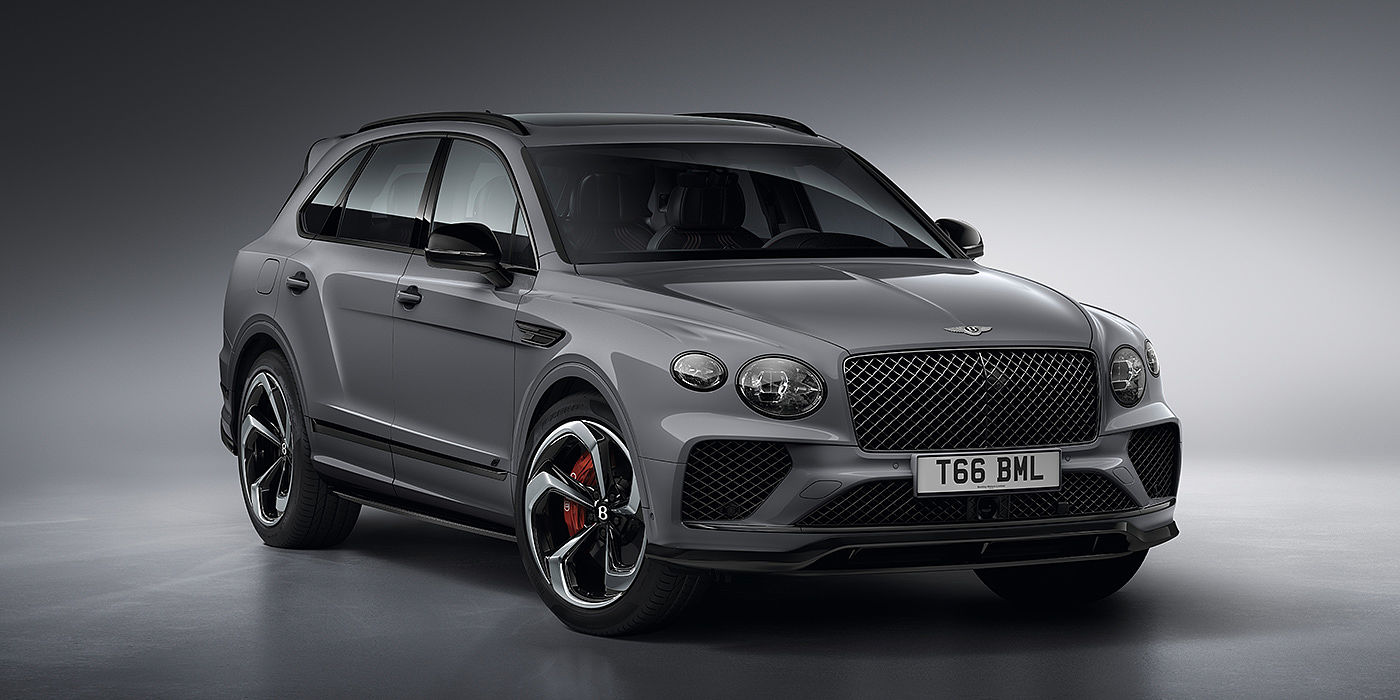 Bentley Fuzhou Bentley Bentayga S in Cambrian Grey paint front three - quarter view with dark chrome matrix grille and featuring elliptical LED matrix headlights. 