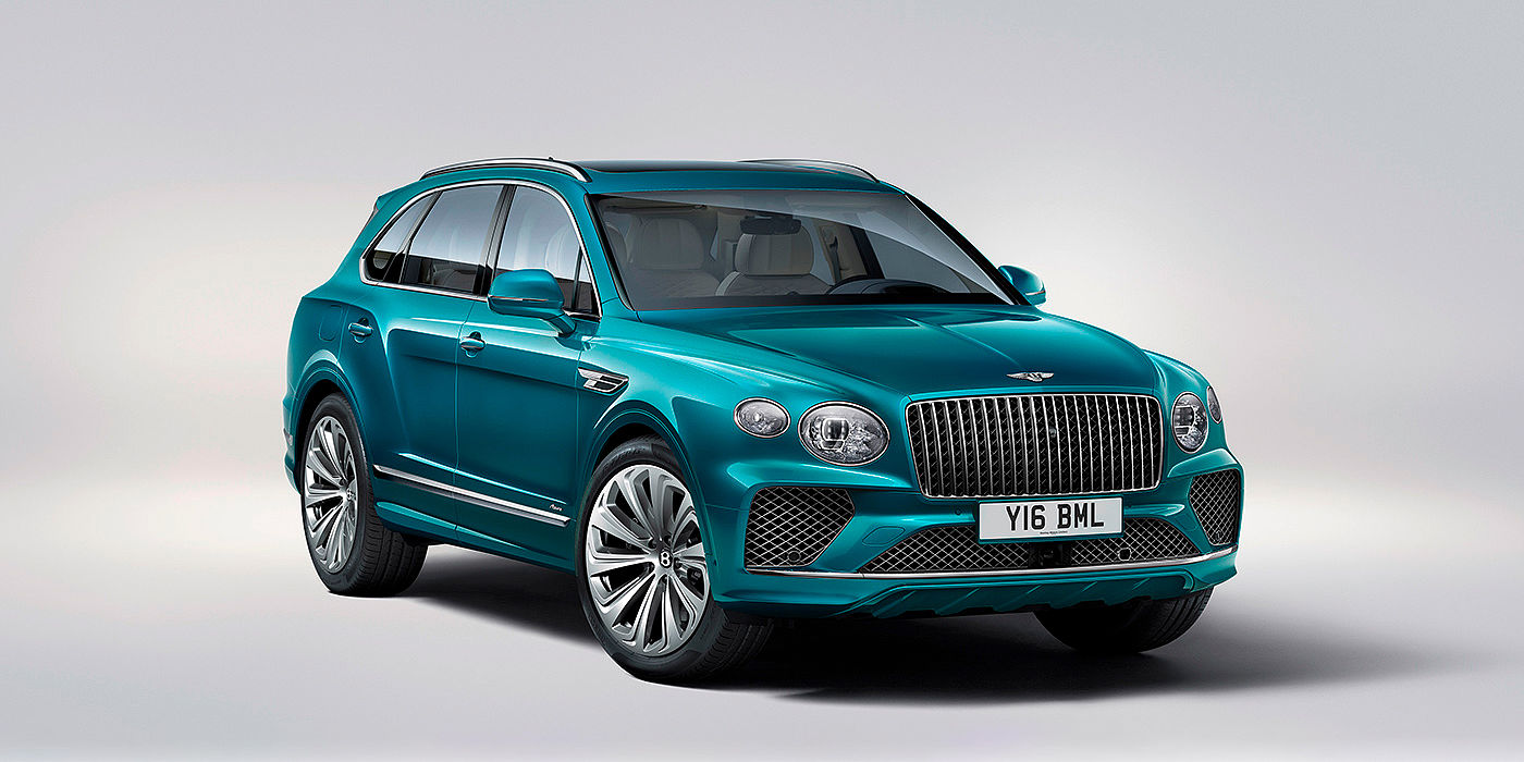 Bentley Fuzhou Bentley Bentayga Azure front three-quarter view, featuring a fluted chrome grille with a matrix lower grille and chrome accents in Topaz blue paint.