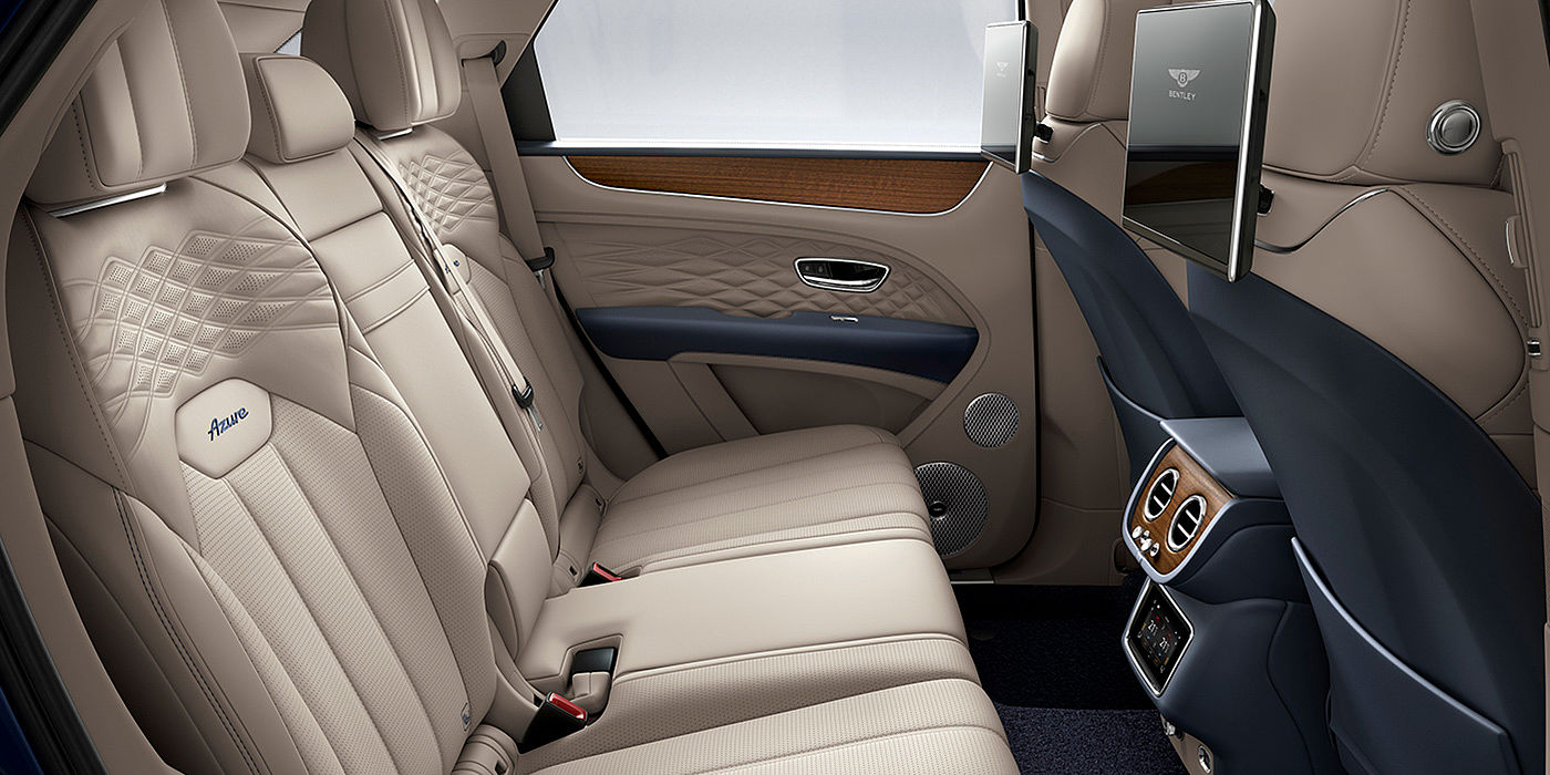 Bentley Fuzhou Bentey Bentayga Azure interior view for rear passengers with Portland hide and Rear Seat Entertainment. 